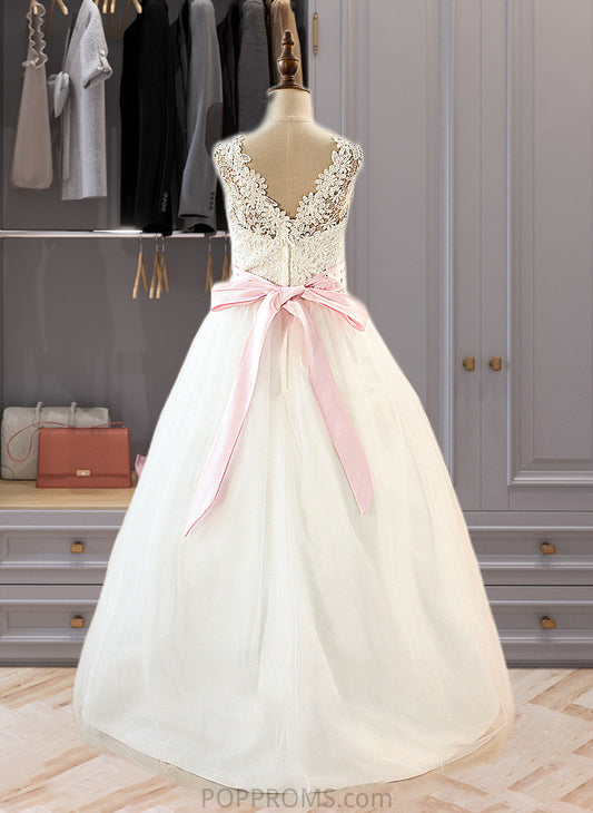 Giuliana Ball-Gown/Princess Scoop Neck Floor-Length Tulle Junior Bridesmaid Dress With Sash Beading Bow(s) PP6P0013545