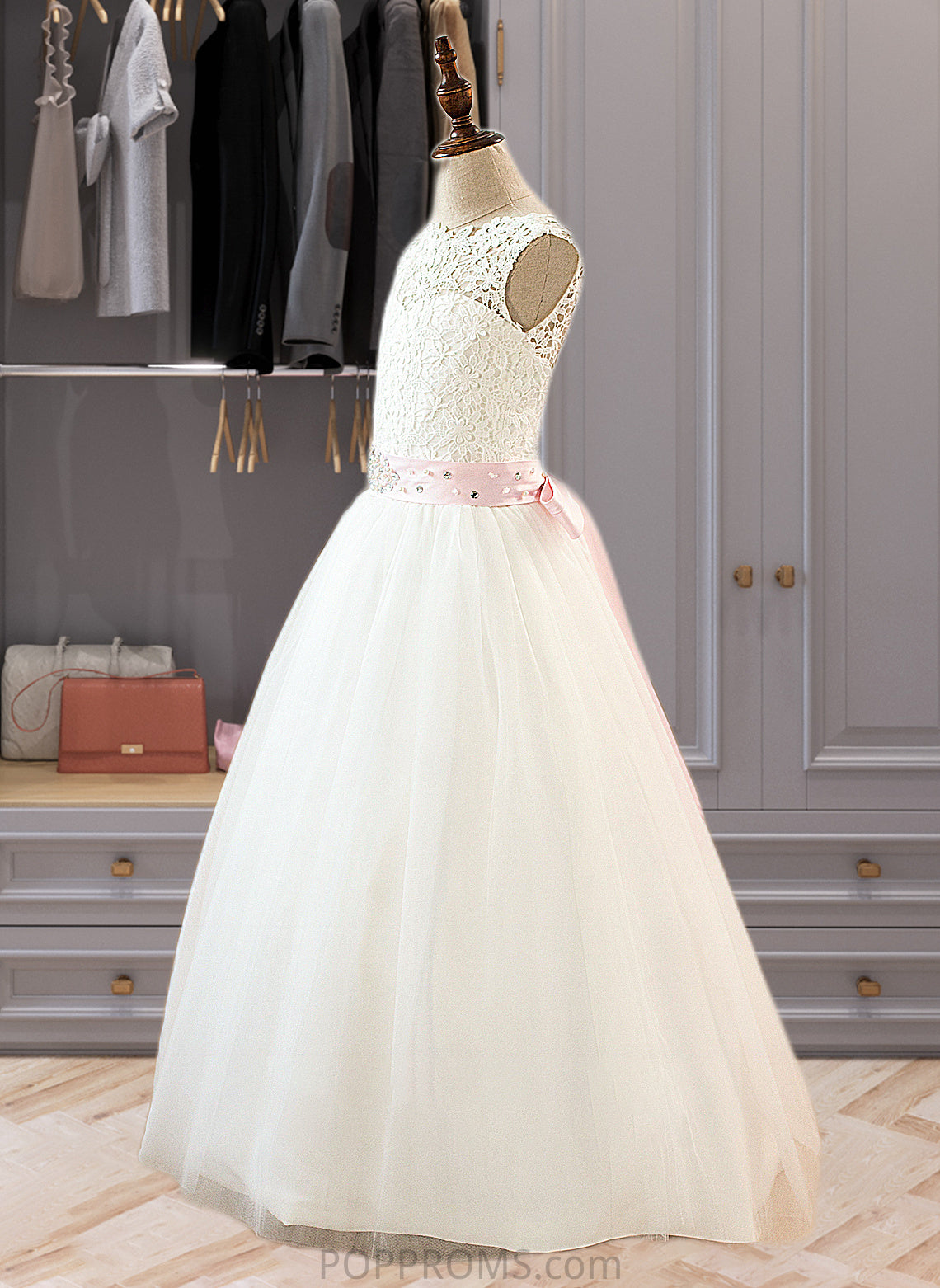 Giuliana Ball-Gown/Princess Scoop Neck Floor-Length Tulle Junior Bridesmaid Dress With Sash Beading Bow(s) PP6P0013545