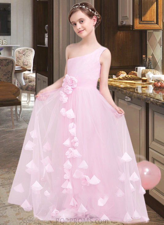 Sydnee A-Line One-Shoulder Floor-Length Tulle Junior Bridesmaid Dress With Ruffle Flower(s) PP6P0013546