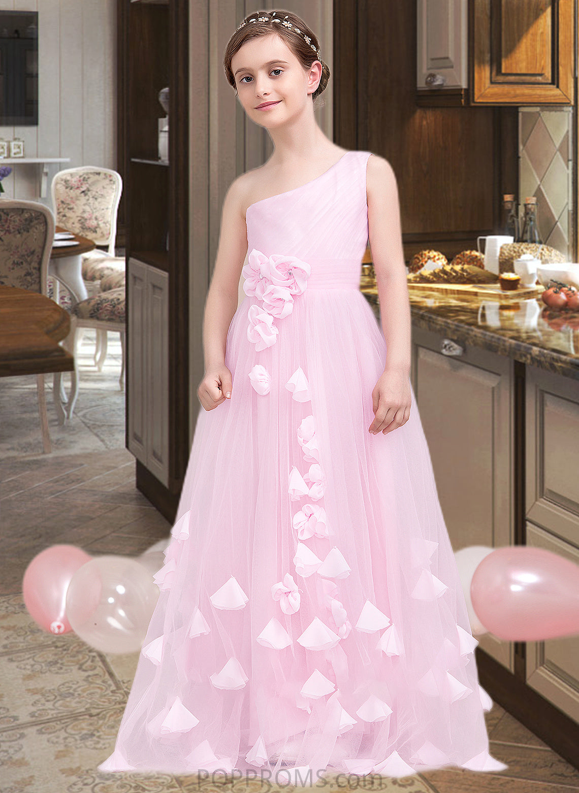 Sydnee A-Line One-Shoulder Floor-Length Tulle Junior Bridesmaid Dress With Ruffle Flower(s) PP6P0013546