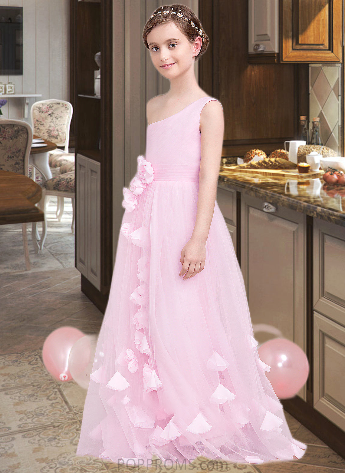 Sydnee A-Line One-Shoulder Floor-Length Tulle Junior Bridesmaid Dress With Ruffle Flower(s) PP6P0013546