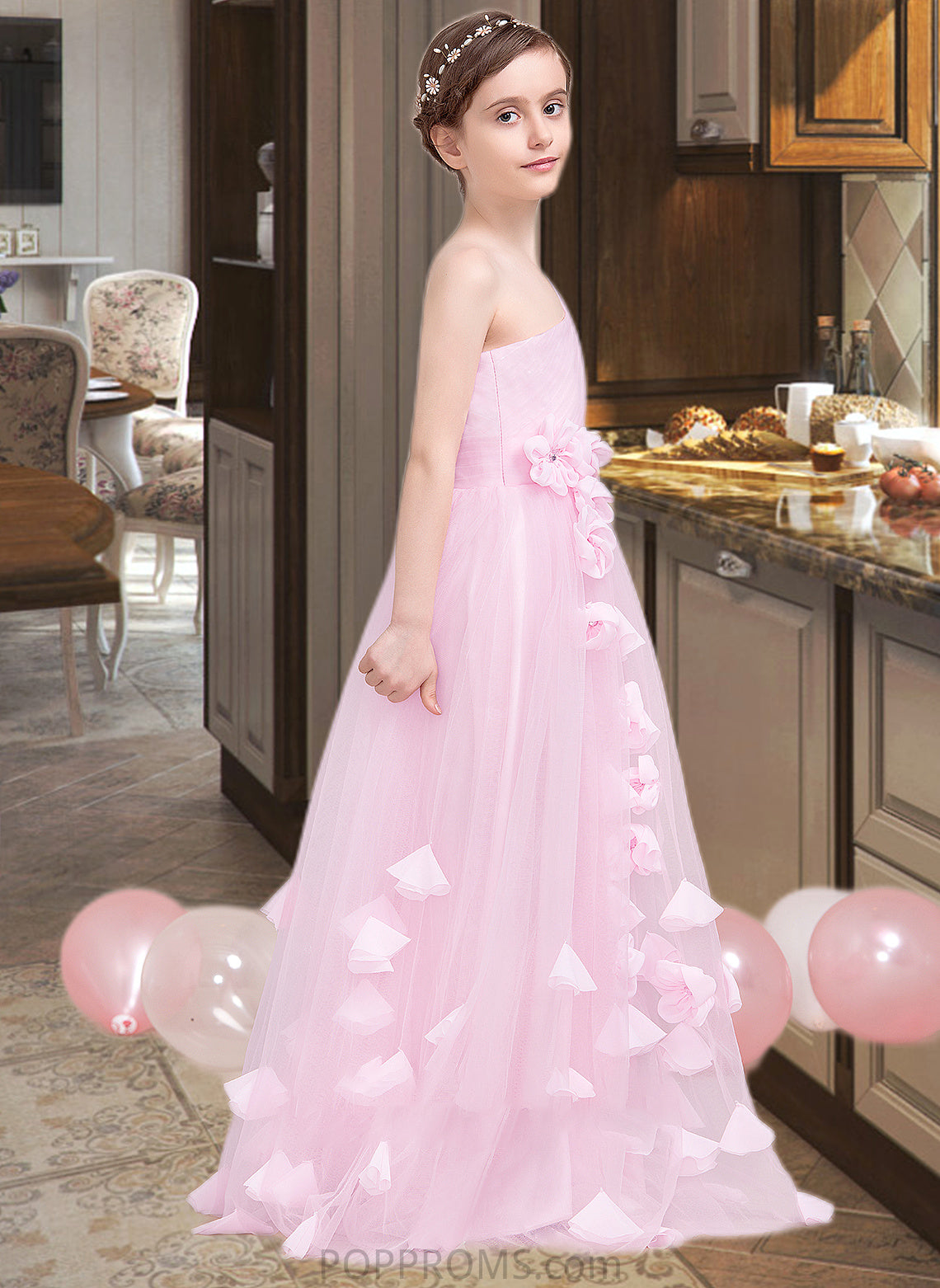 Sydnee A-Line One-Shoulder Floor-Length Tulle Junior Bridesmaid Dress With Ruffle Flower(s) PP6P0013546