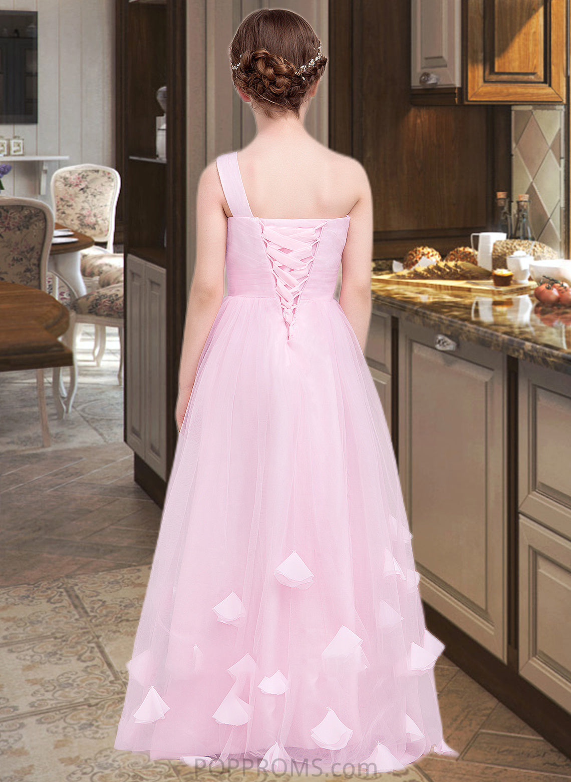 Sydnee A-Line One-Shoulder Floor-Length Tulle Junior Bridesmaid Dress With Ruffle Flower(s) PP6P0013546