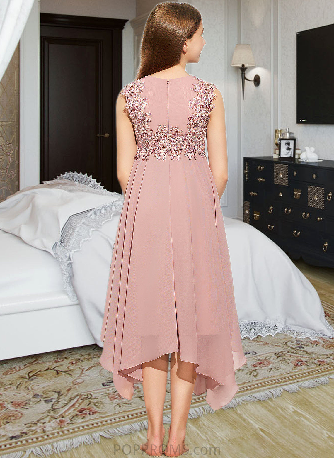 Helena A-Line Scoop Neck Tea-Length Chiffon Lace Junior Bridesmaid Dress PP6P0013547