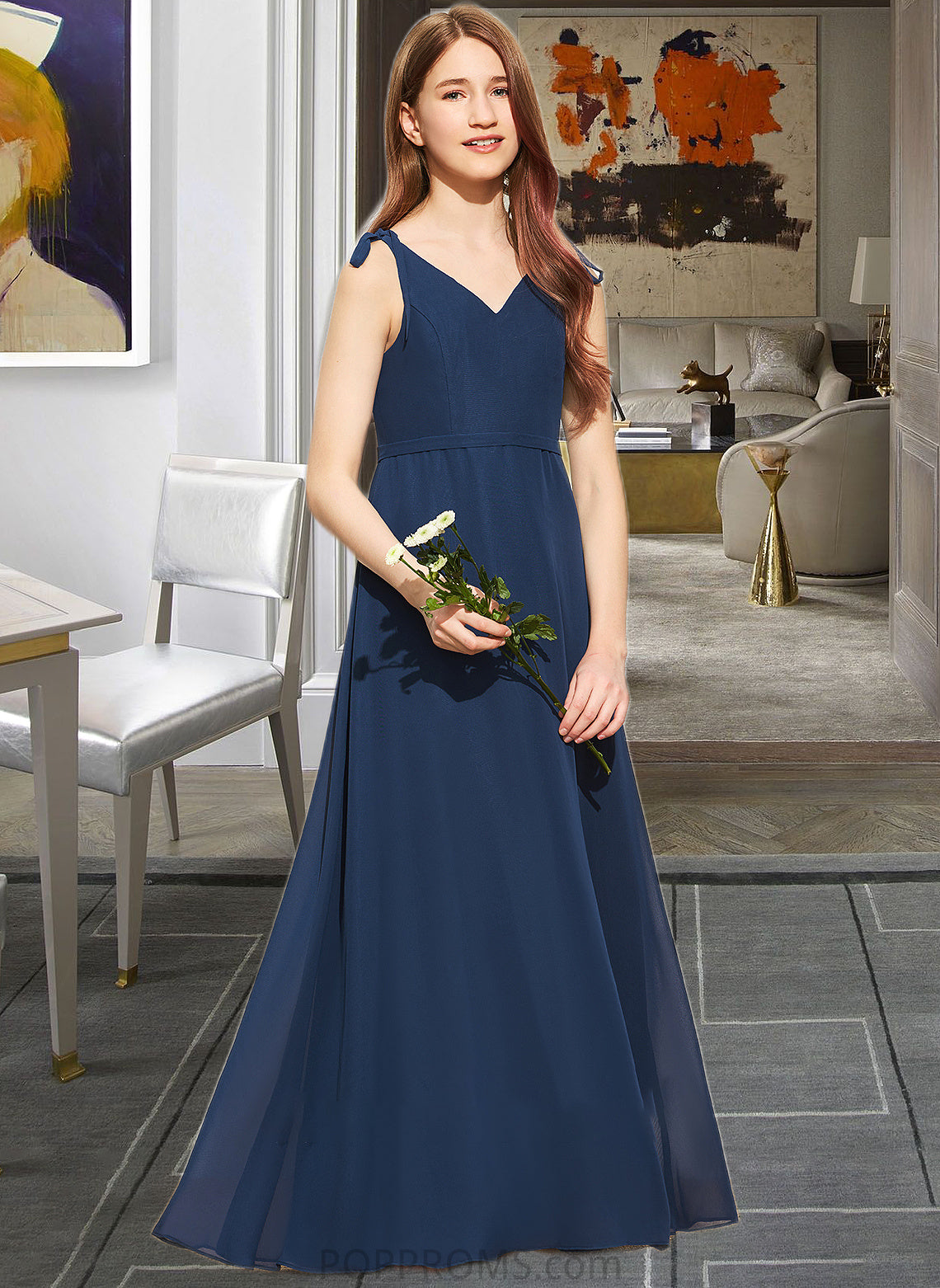 Fernanda A-Line V-neck Floor-Length Chiffon Junior Bridesmaid Dress With Bow(s) PP6P0013548