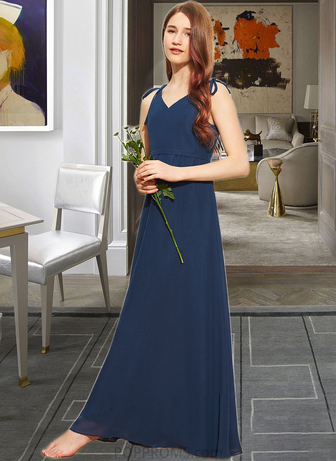 Fernanda A-Line V-neck Floor-Length Chiffon Junior Bridesmaid Dress With Bow(s) PP6P0013548