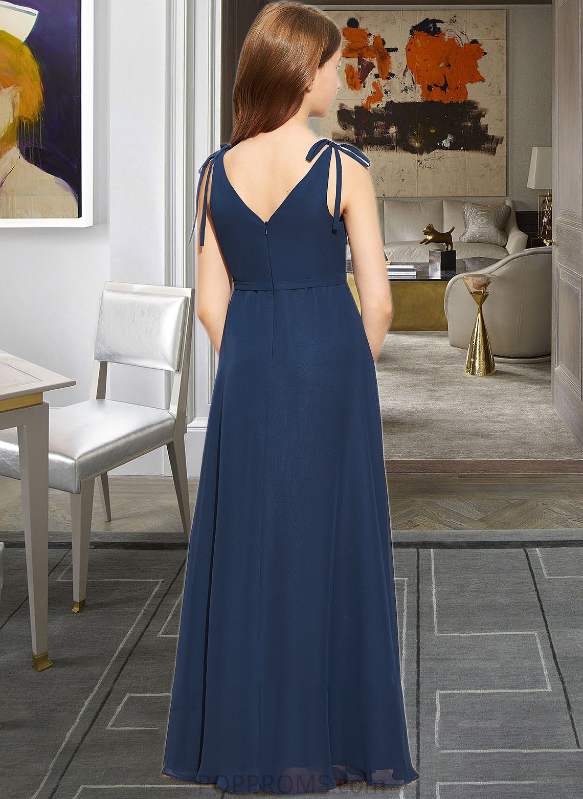 Fernanda A-Line V-neck Floor-Length Chiffon Junior Bridesmaid Dress With Bow(s) PP6P0013548