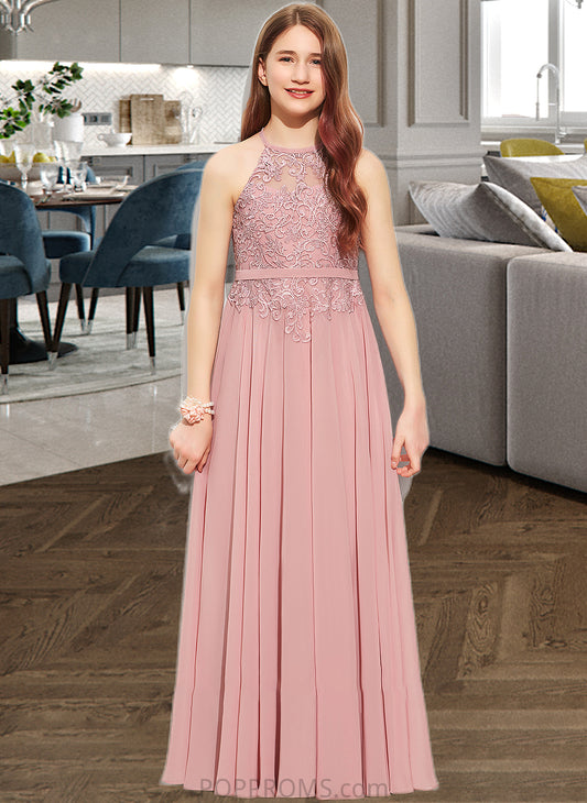 Cassidy A-Line Scoop Neck Floor-Length Chiffon Lace Junior Bridesmaid Dress PP6P0013549