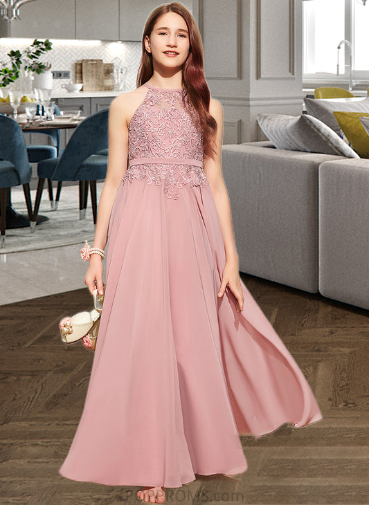 Cassidy A-Line Scoop Neck Floor-Length Chiffon Lace Junior Bridesmaid Dress PP6P0013549