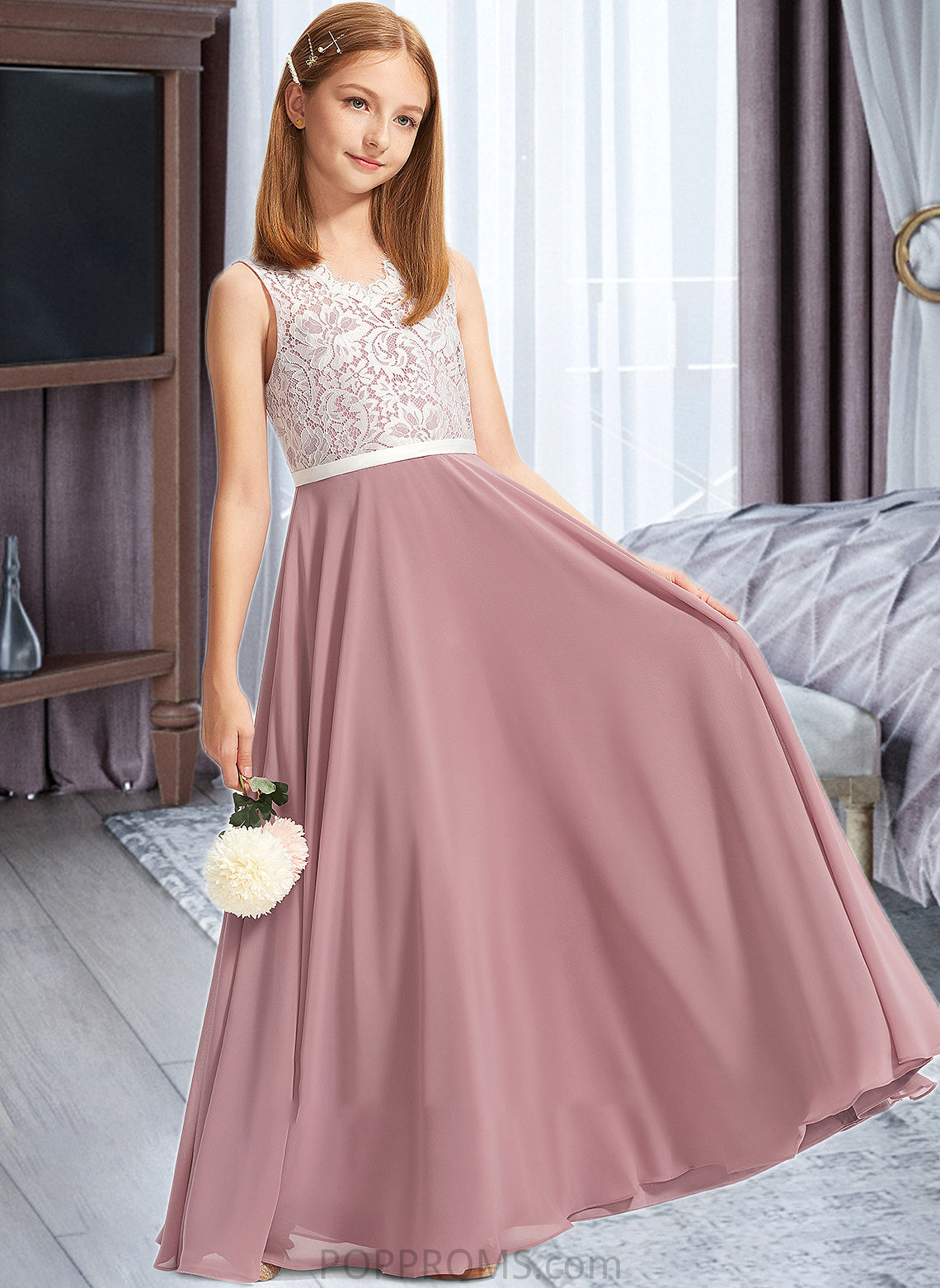 Lucia A-Line V-neck Floor-Length Chiffon Lace Junior Bridesmaid Dress PP6P0013552