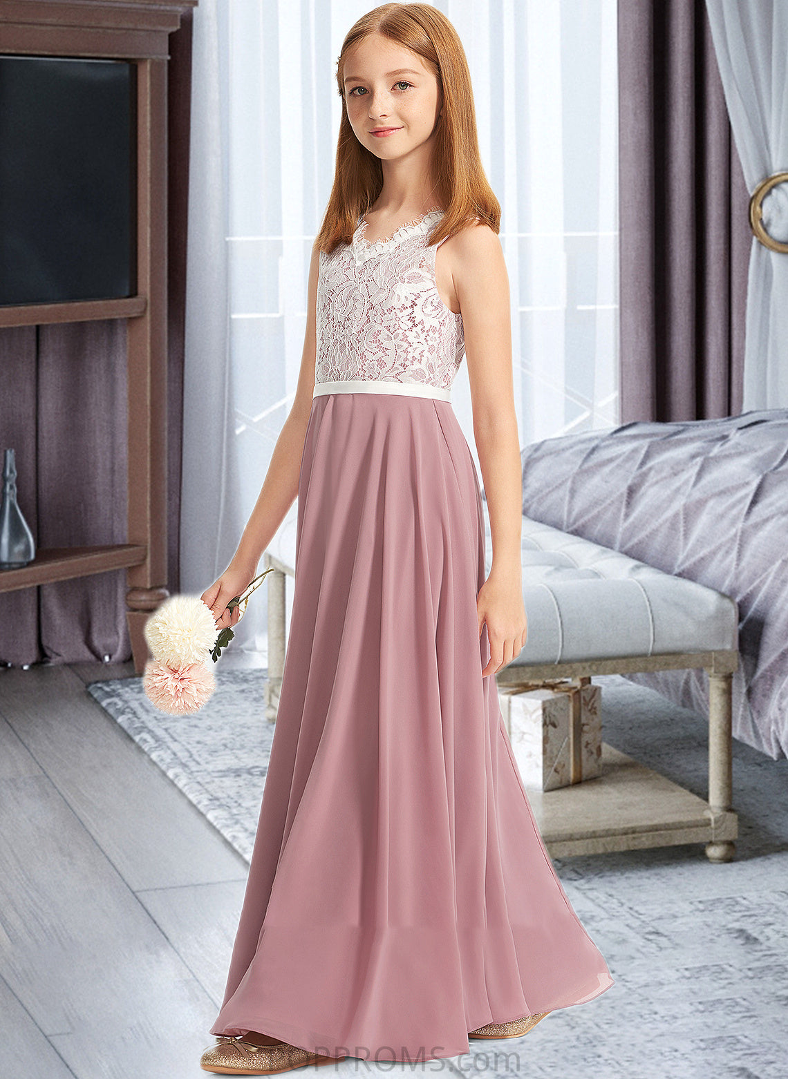 Lucia A-Line V-neck Floor-Length Chiffon Lace Junior Bridesmaid Dress PP6P0013552