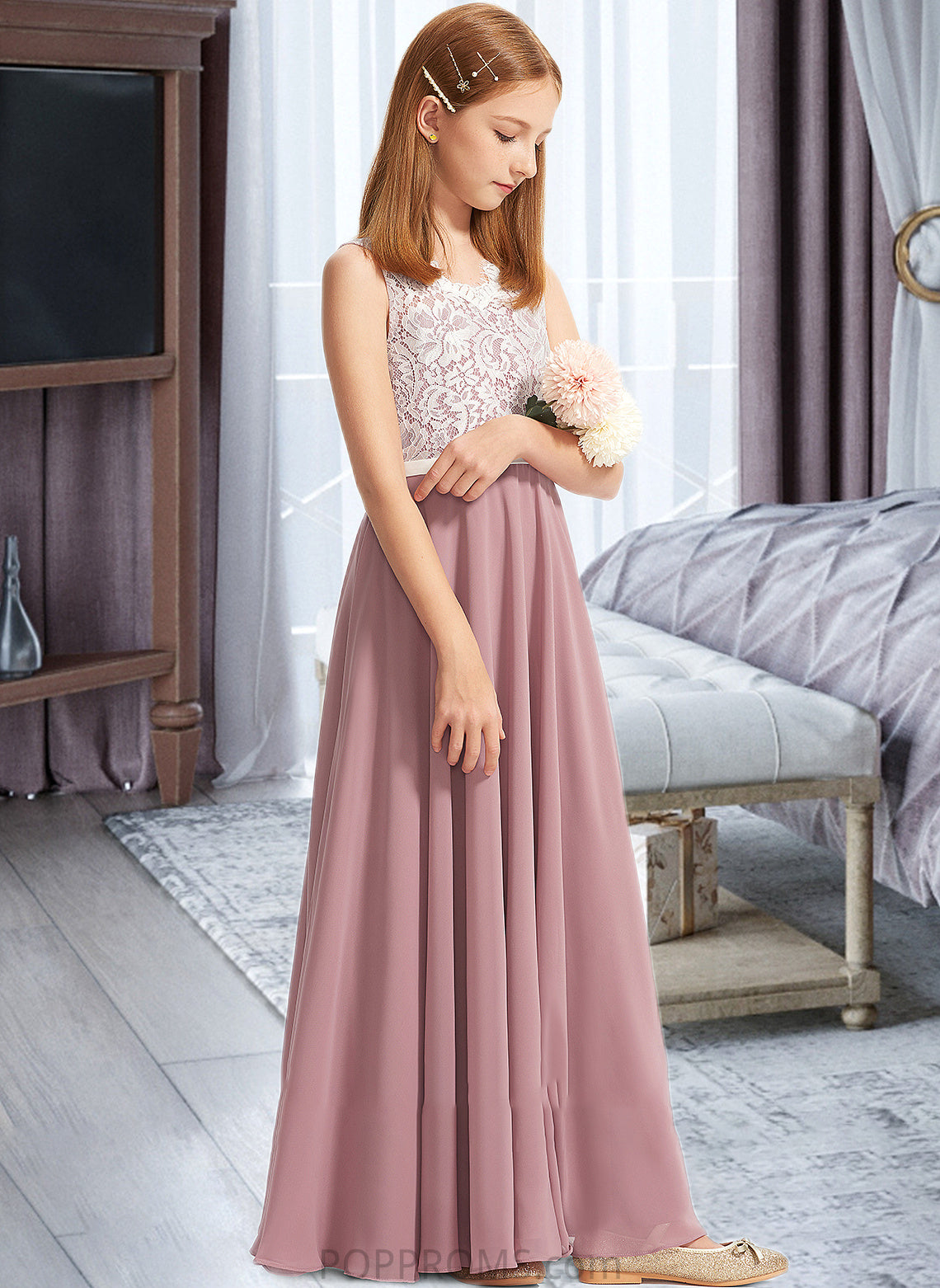 Lucia A-Line V-neck Floor-Length Chiffon Lace Junior Bridesmaid Dress PP6P0013552