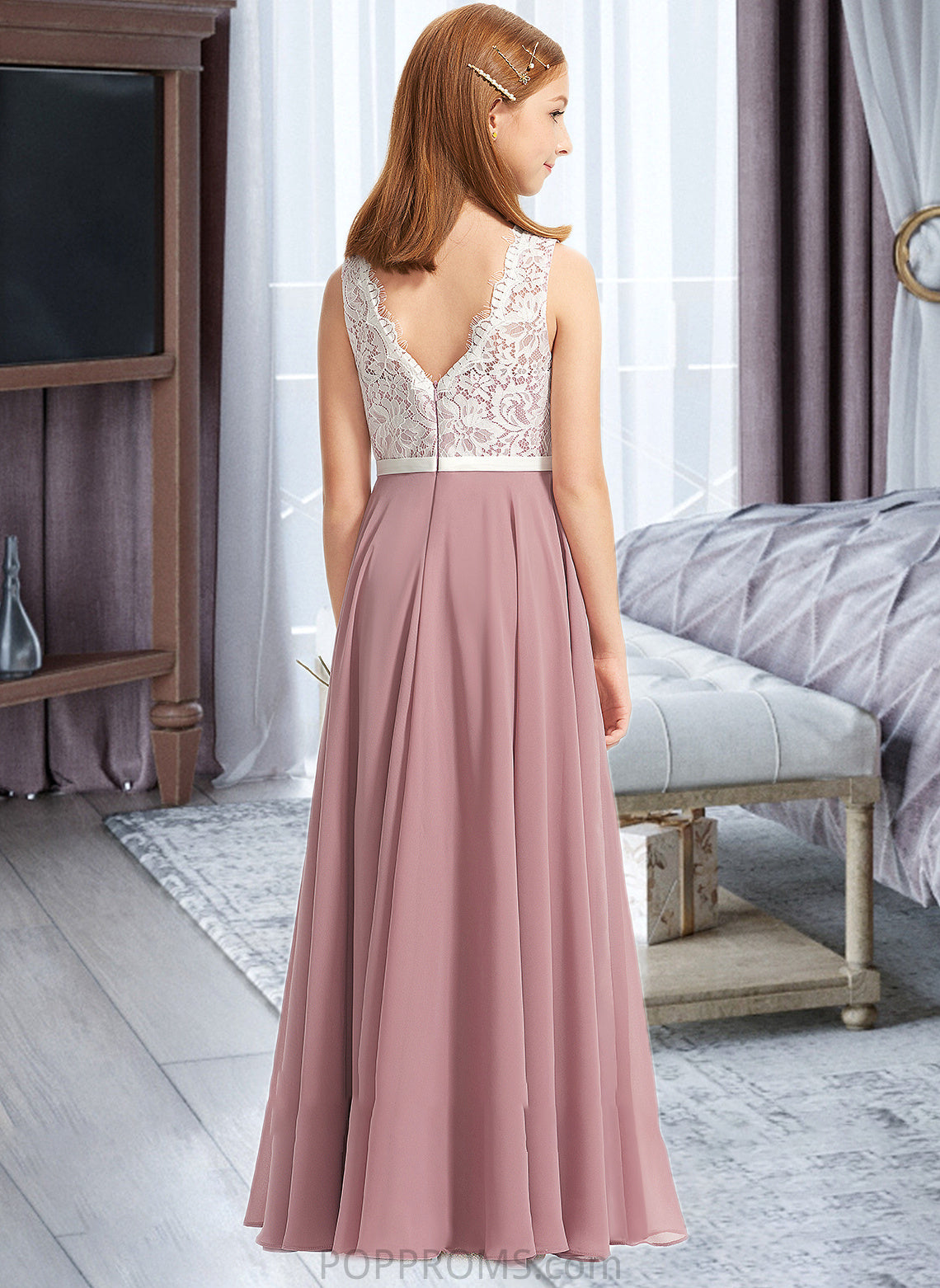 Lucia A-Line V-neck Floor-Length Chiffon Lace Junior Bridesmaid Dress PP6P0013552