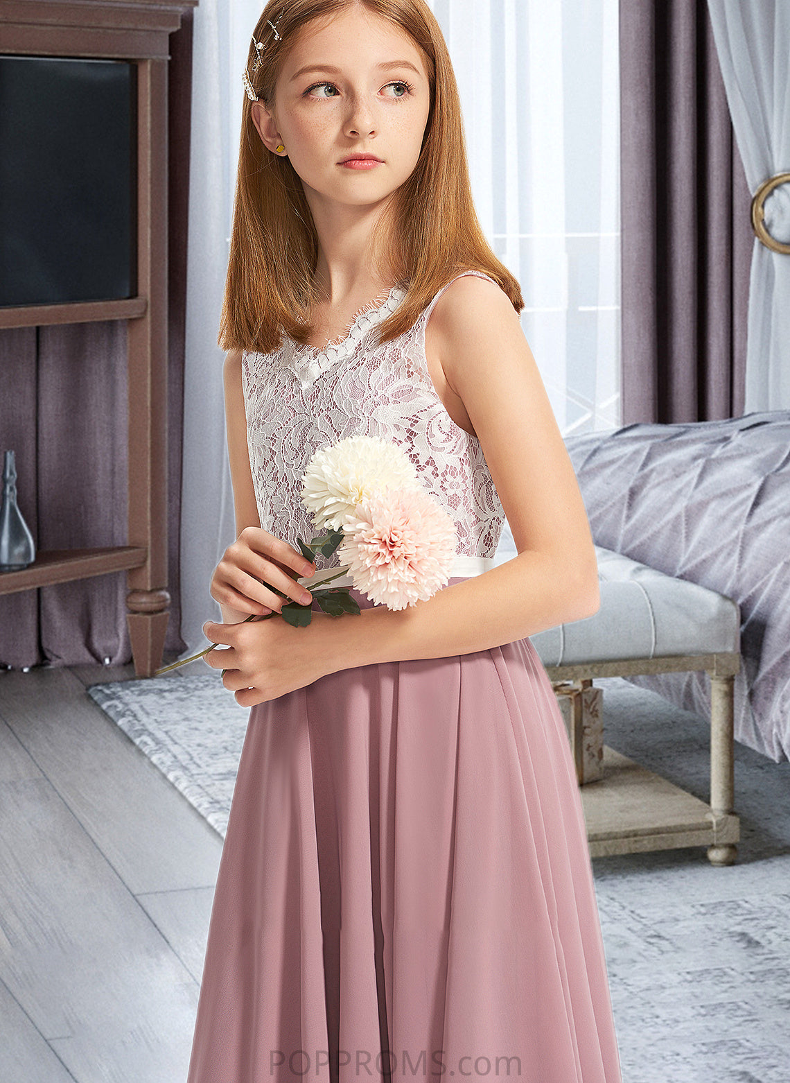 Lucia A-Line V-neck Floor-Length Chiffon Lace Junior Bridesmaid Dress PP6P0013552