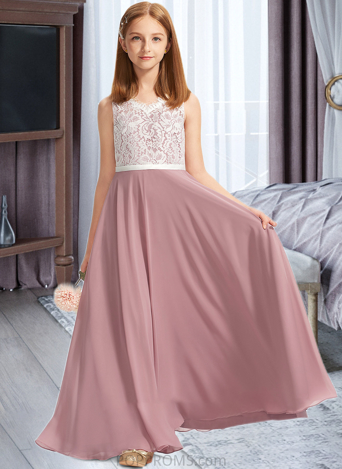 Lucia A-Line V-neck Floor-Length Chiffon Lace Junior Bridesmaid Dress PP6P0013552