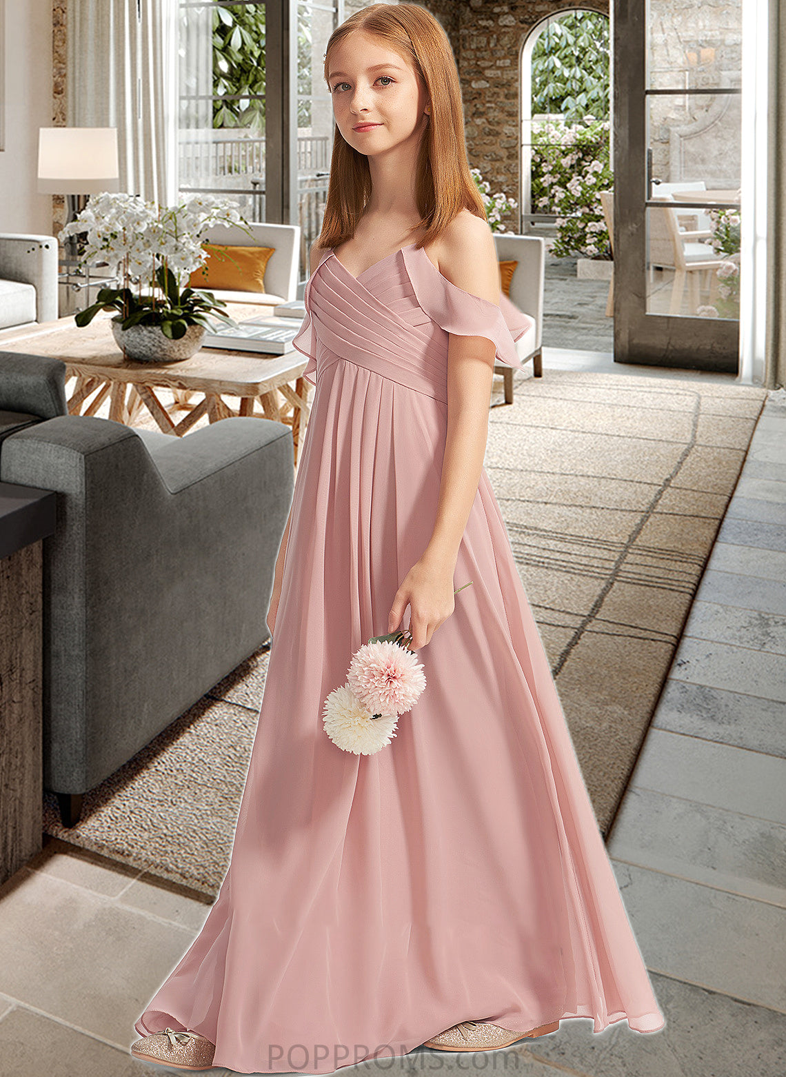 Kiera A-Line Off-the-Shoulder Floor-Length Chiffon Junior Bridesmaid Dress With Cascading Ruffles PP6P0013553