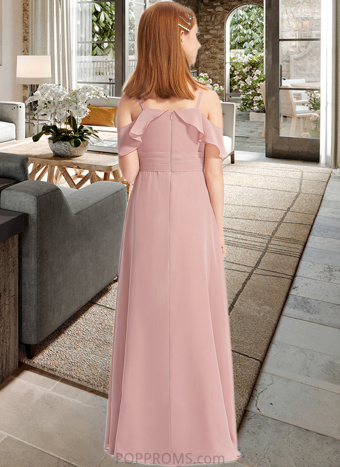 Kiera A-Line Off-the-Shoulder Floor-Length Chiffon Junior Bridesmaid Dress With Cascading Ruffles PP6P0013553