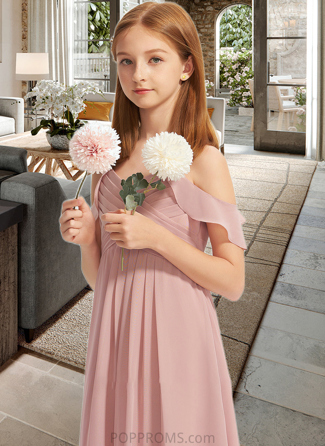 Kiera A-Line Off-the-Shoulder Floor-Length Chiffon Junior Bridesmaid Dress With Cascading Ruffles PP6P0013553