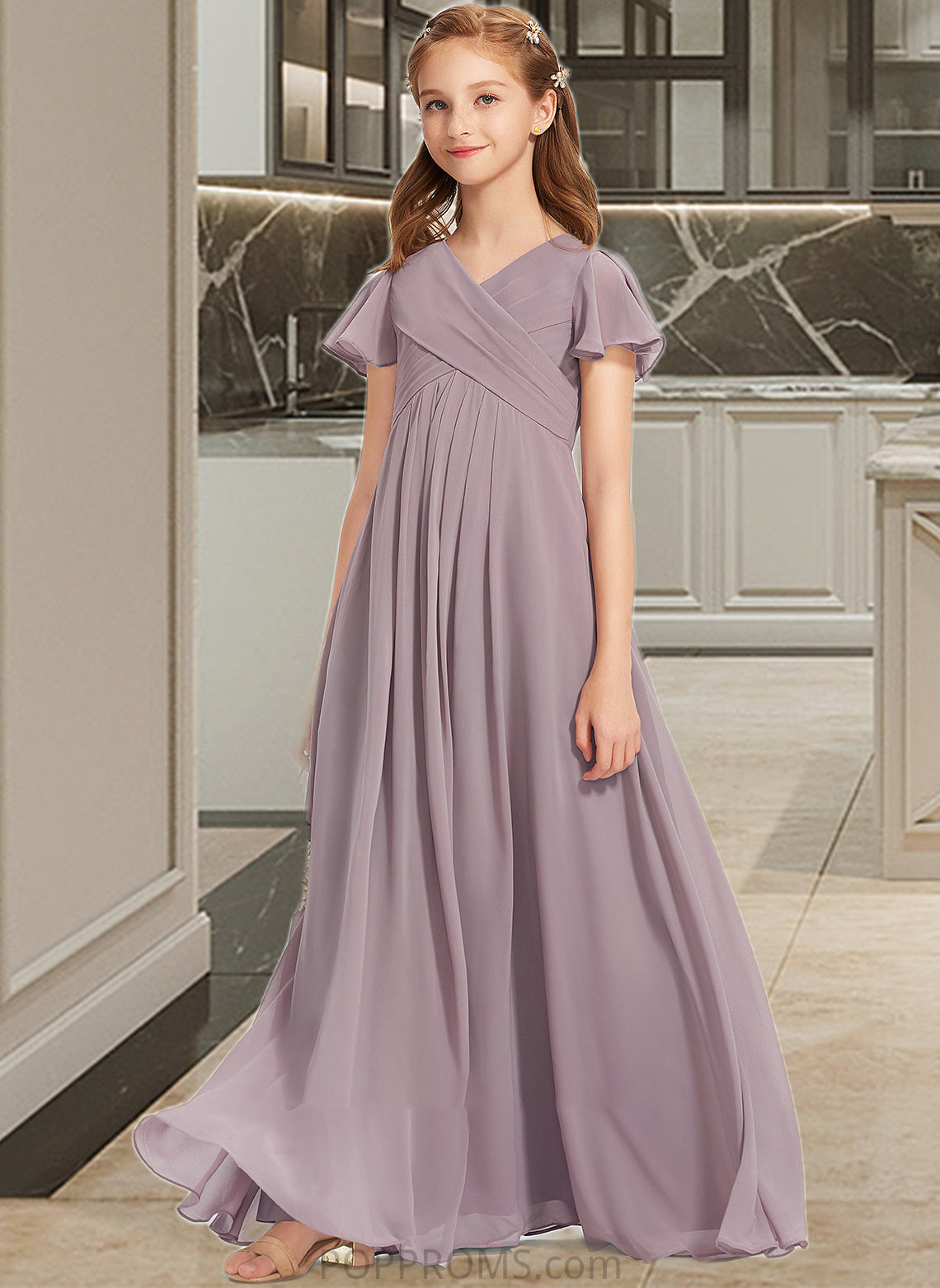 Harriet A-Line V-neck Floor-Length Chiffon Junior Bridesmaid Dress With Ruffle PP6P0013554