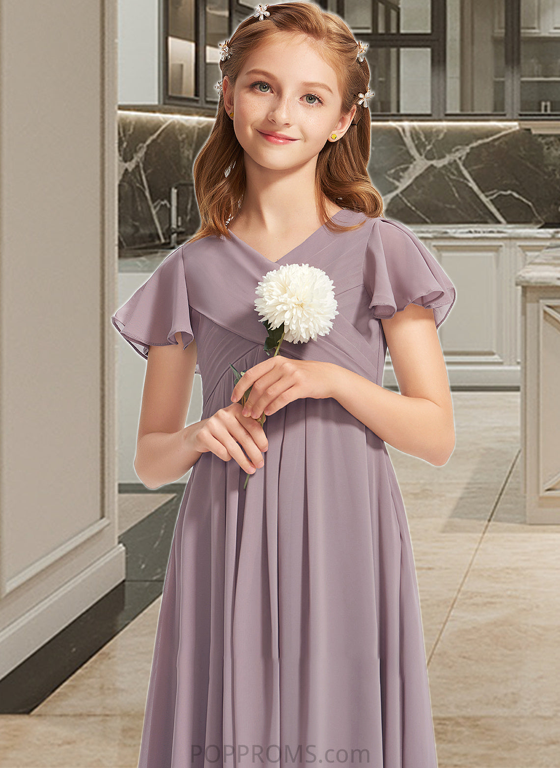 Harriet A-Line V-neck Floor-Length Chiffon Junior Bridesmaid Dress With Ruffle PP6P0013554