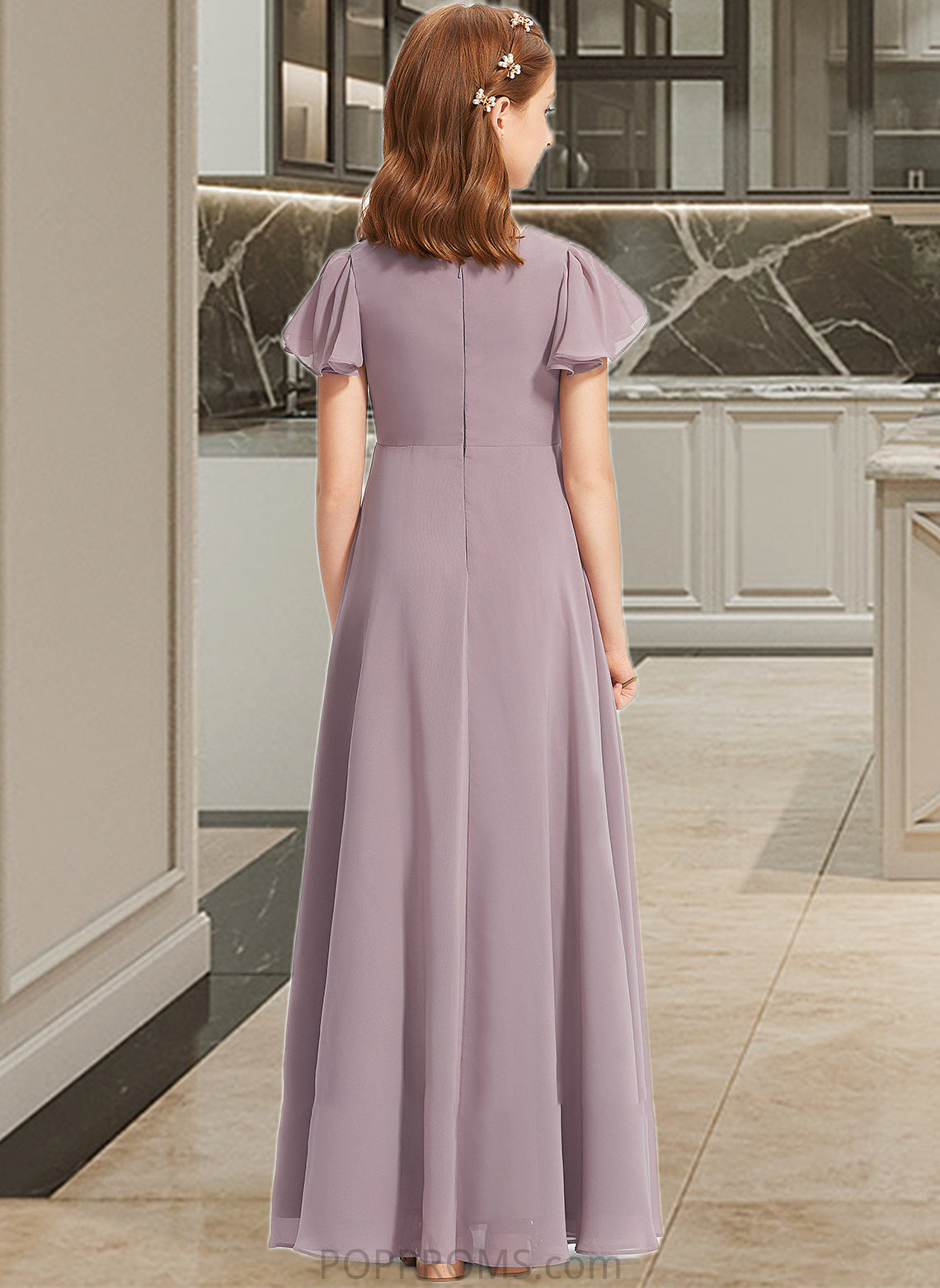 Harriet A-Line V-neck Floor-Length Chiffon Junior Bridesmaid Dress With Ruffle PP6P0013554