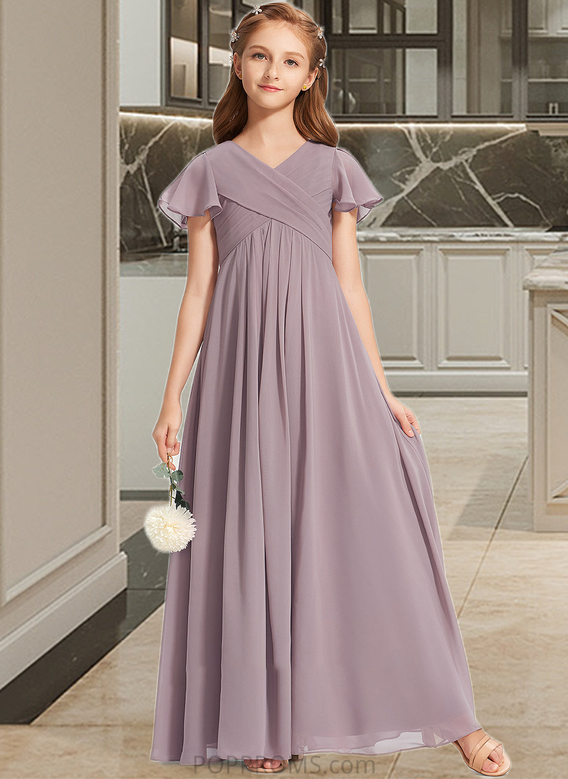 Harriet A-Line V-neck Floor-Length Chiffon Junior Bridesmaid Dress With Ruffle PP6P0013554