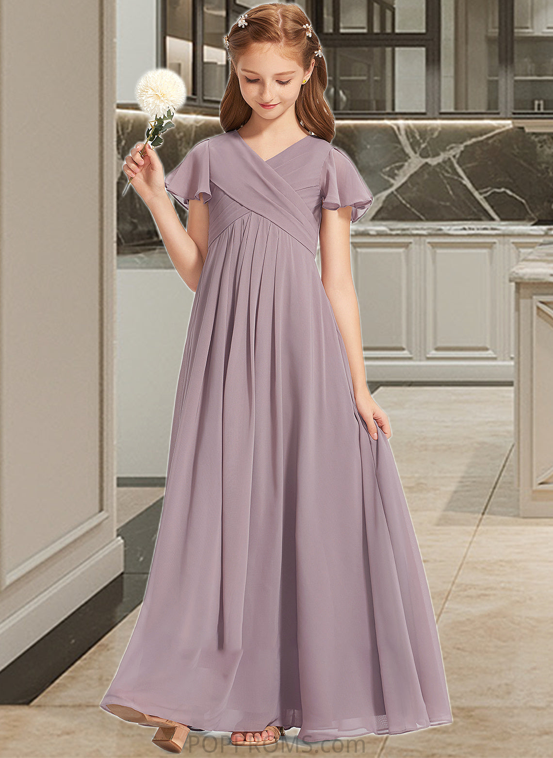 Harriet A-Line V-neck Floor-Length Chiffon Junior Bridesmaid Dress With Ruffle PP6P0013554