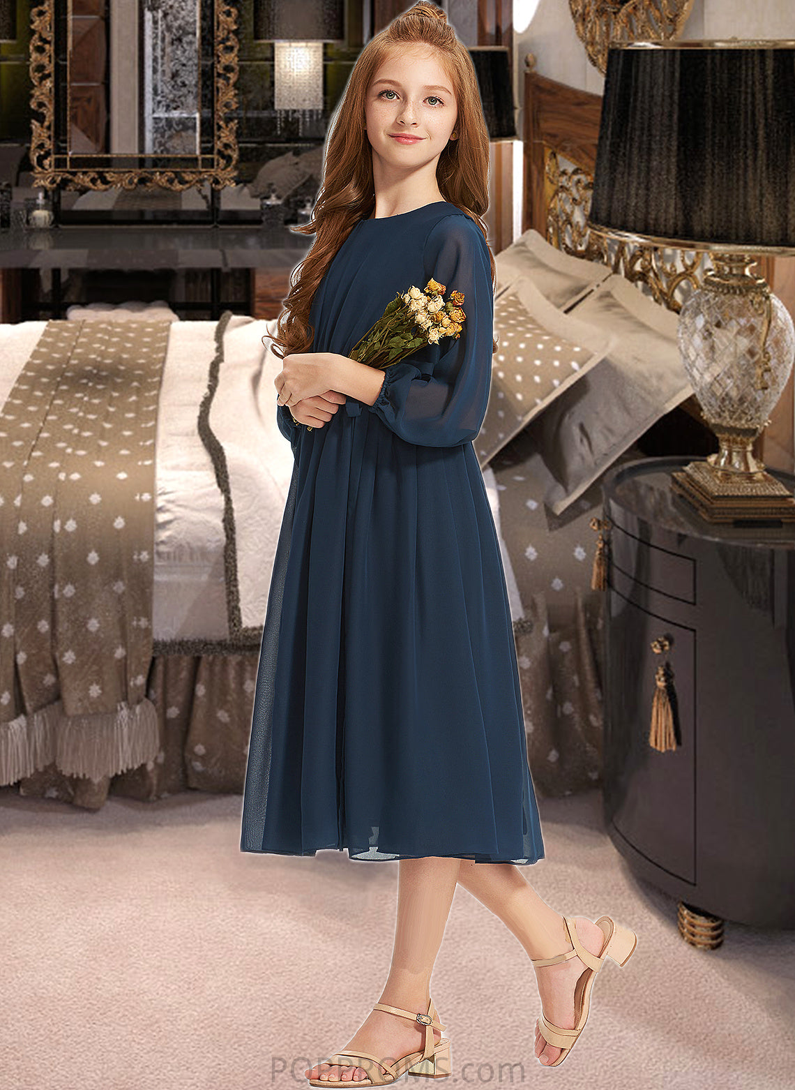 Amber A-Line Scoop Neck Tea-Length Chiffon Junior Bridesmaid Dress With Ruffle Bow(s) PP6P0013555