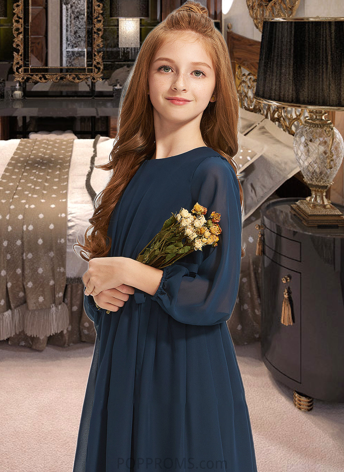 Amber A-Line Scoop Neck Tea-Length Chiffon Junior Bridesmaid Dress With Ruffle Bow(s) PP6P0013555