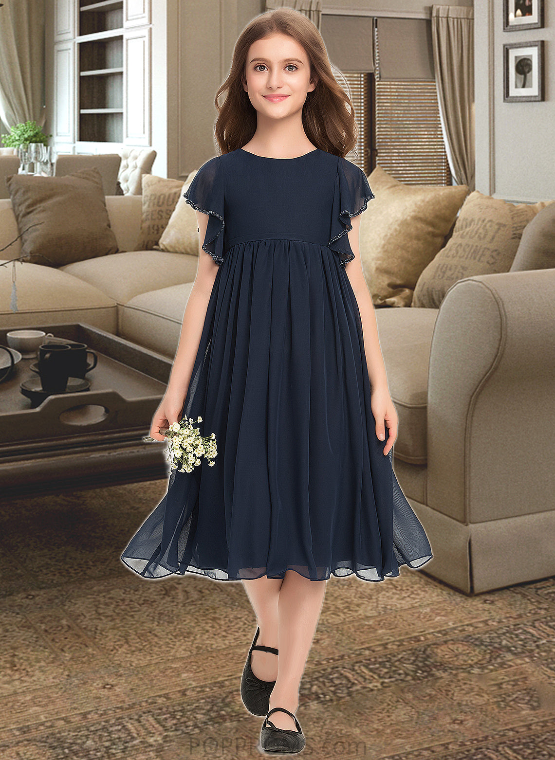 Adelaide A-Line Scoop Neck Knee-Length Chiffon Junior Bridesmaid Dress With Beading PP6P0013556