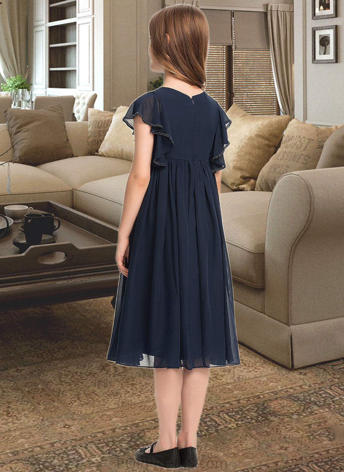 Adelaide A-Line Scoop Neck Knee-Length Chiffon Junior Bridesmaid Dress With Beading PP6P0013556