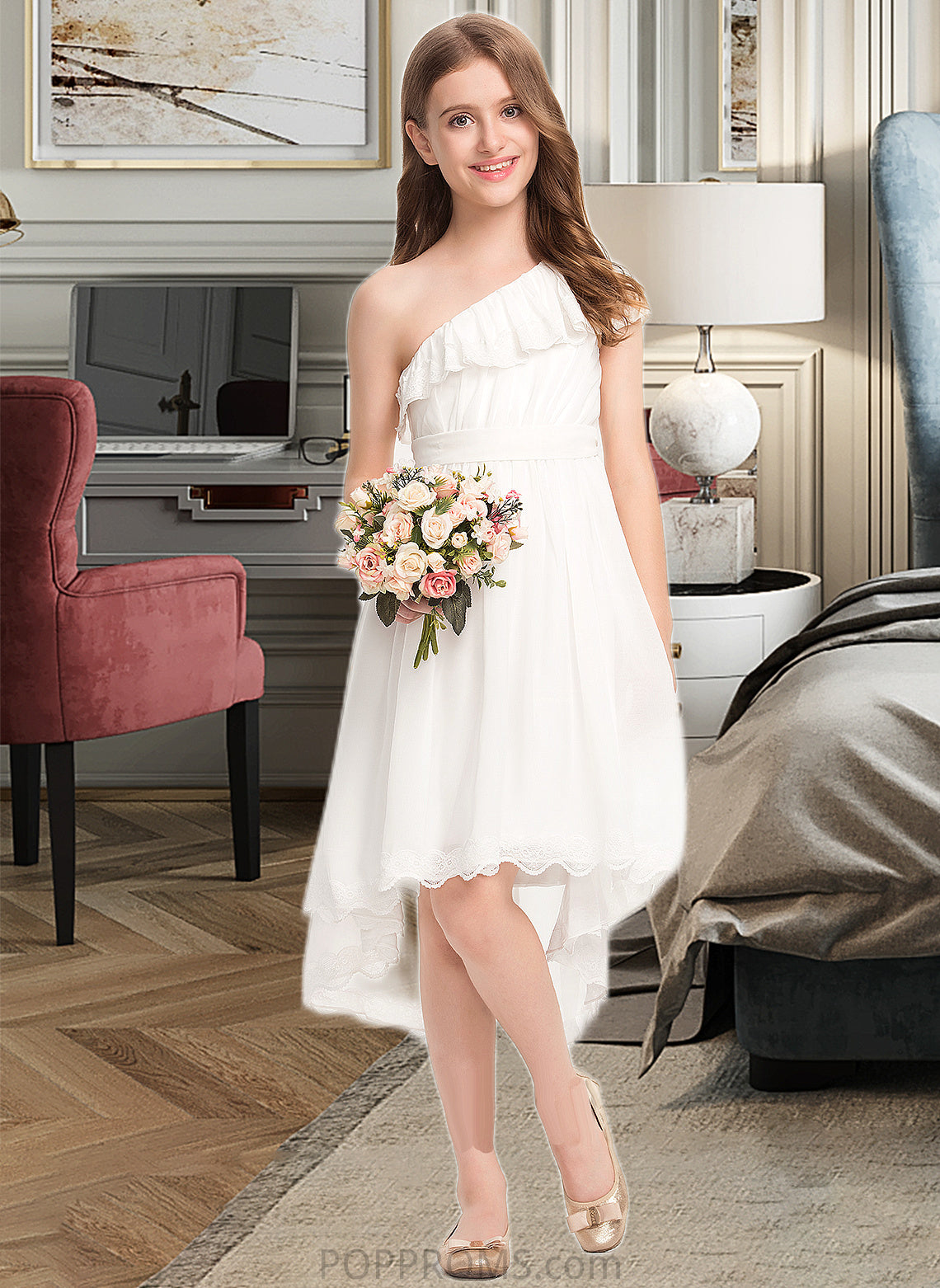 Jayda A-Line One-Shoulder Asymmetrical Chiffon Lace Junior Bridesmaid Dress With Bow(s) PP6P0013557