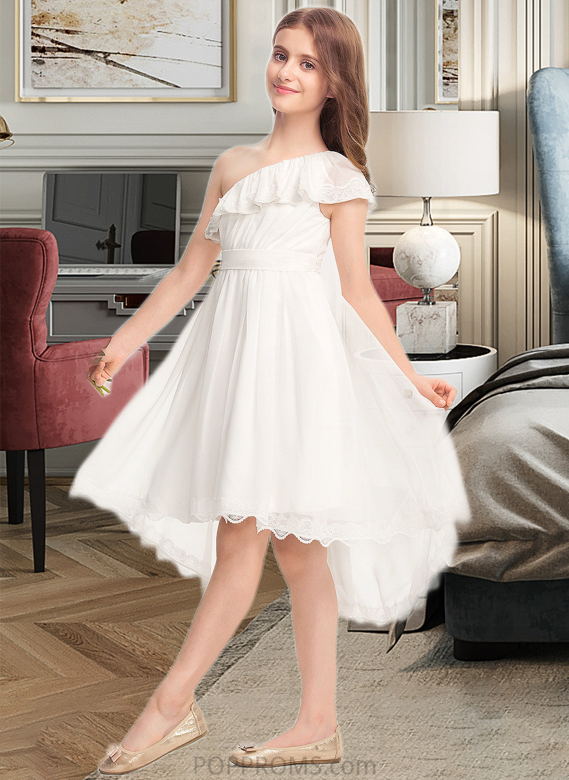 Jayda A-Line One-Shoulder Asymmetrical Chiffon Lace Junior Bridesmaid Dress With Bow(s) PP6P0013557