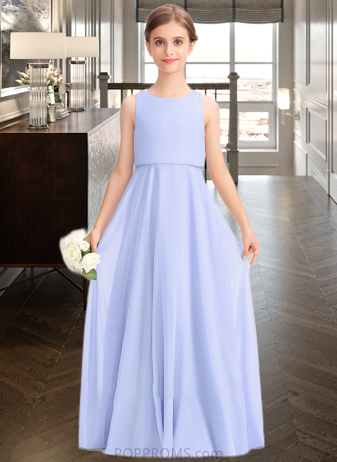 Charlize A-Line Scoop Neck Floor-Length Chiffon Junior Bridesmaid Dress PP6P0013558