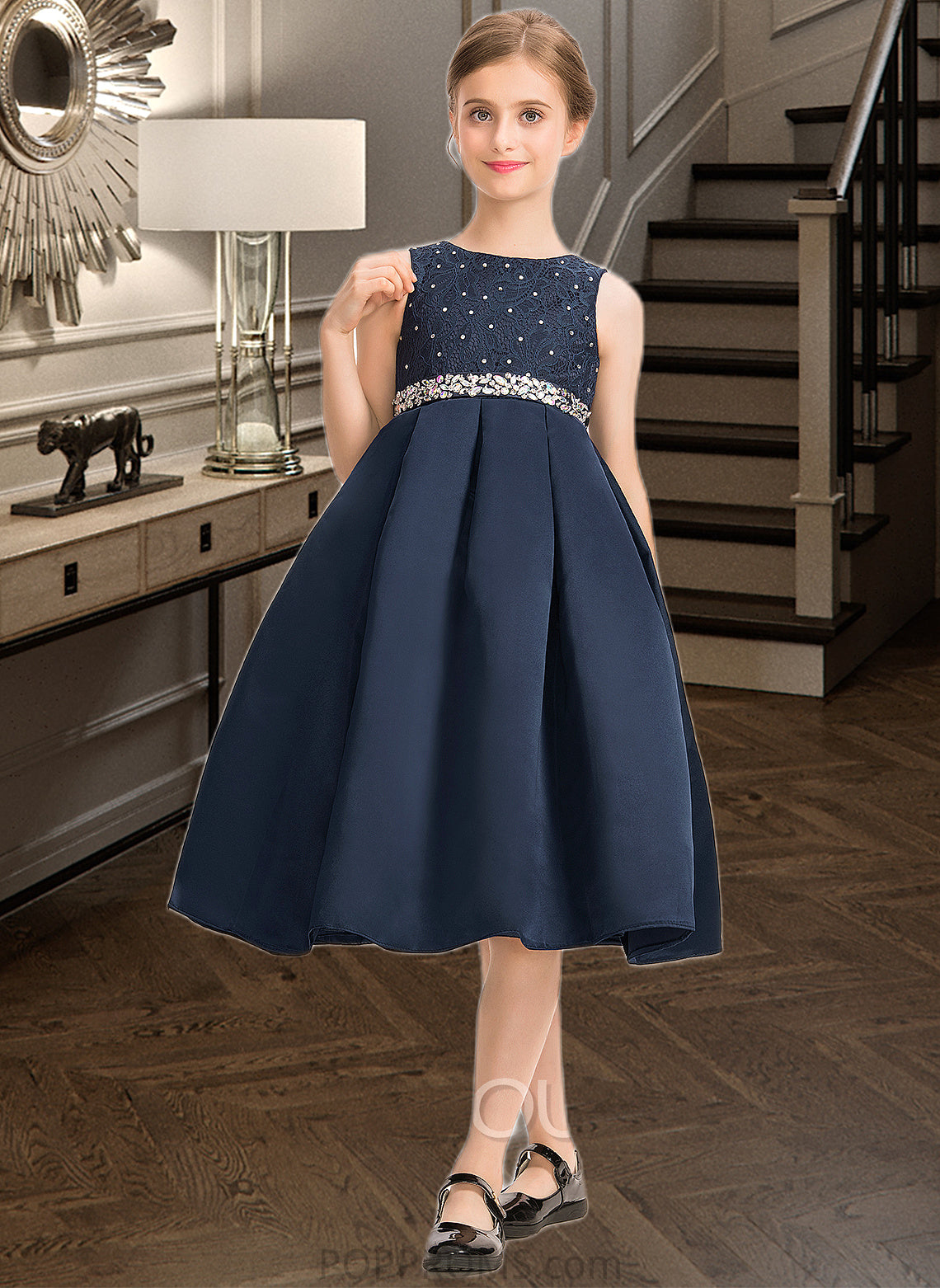 Hedwig A-Line Scoop Neck Knee-Length Satin Lace Junior Bridesmaid Dress With Beading Bow(s) PP6P0013559