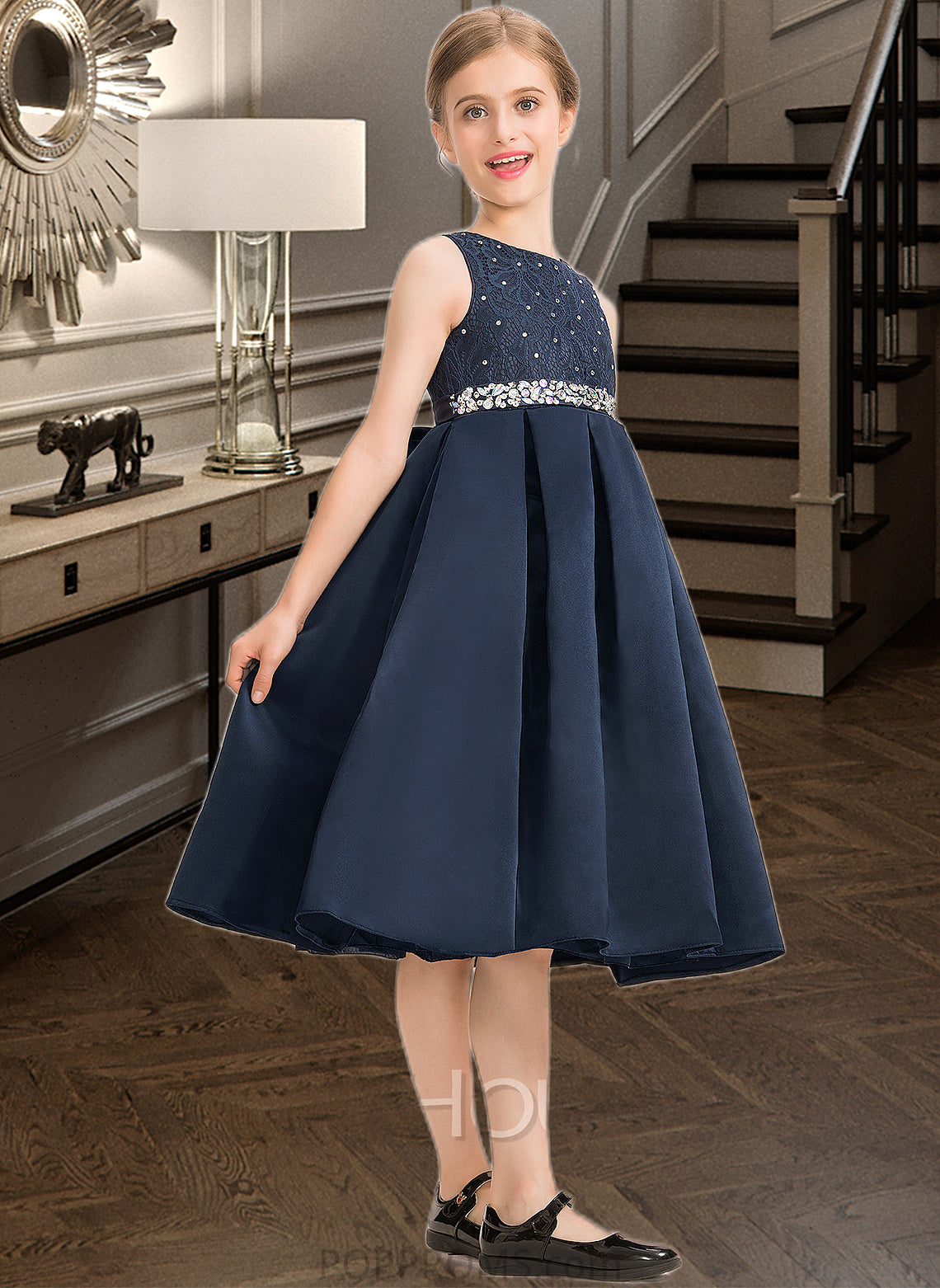 Hedwig A-Line Scoop Neck Knee-Length Satin Lace Junior Bridesmaid Dress With Beading Bow(s) PP6P0013559