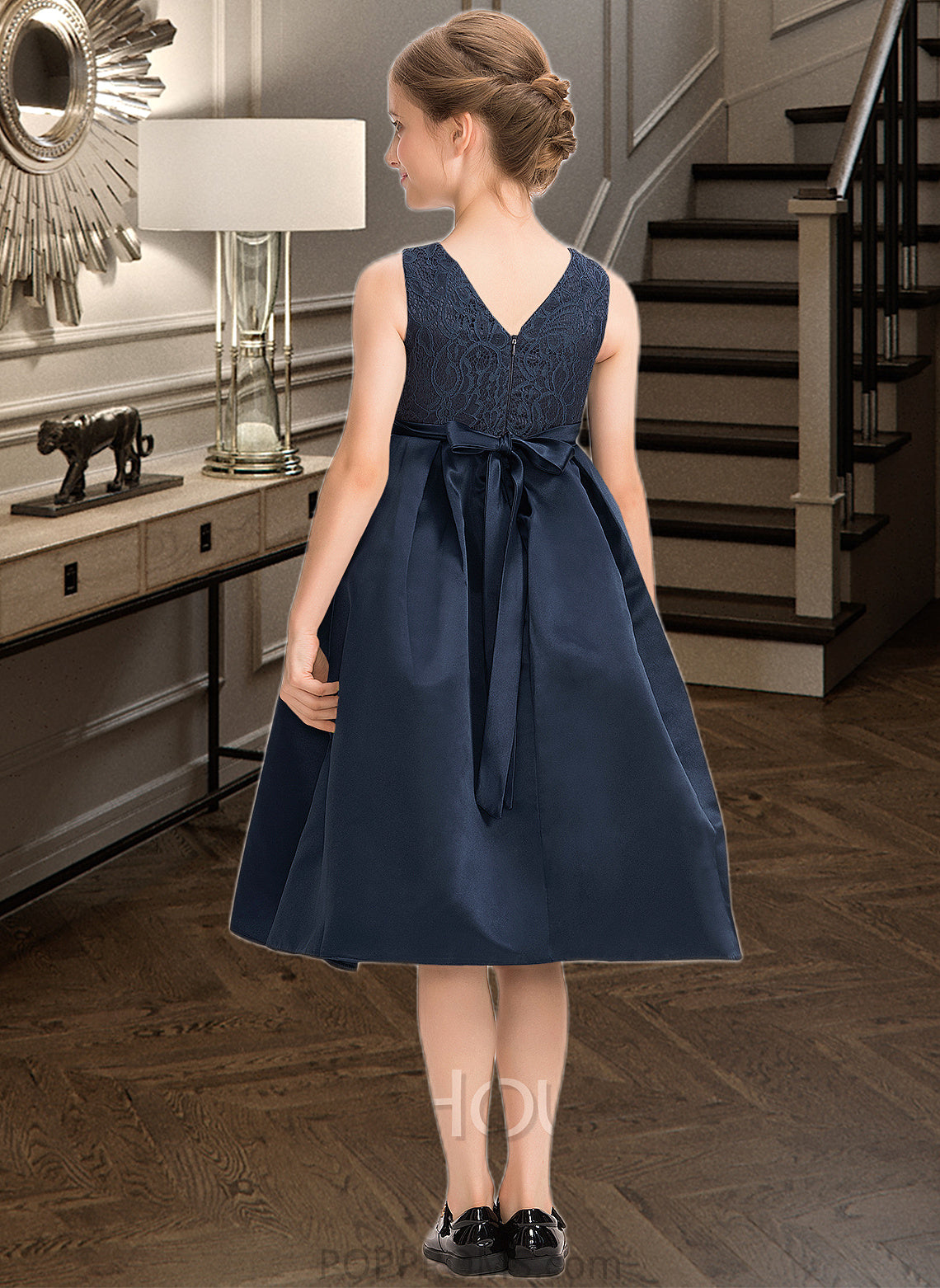 Hedwig A-Line Scoop Neck Knee-Length Satin Lace Junior Bridesmaid Dress With Beading Bow(s) PP6P0013559