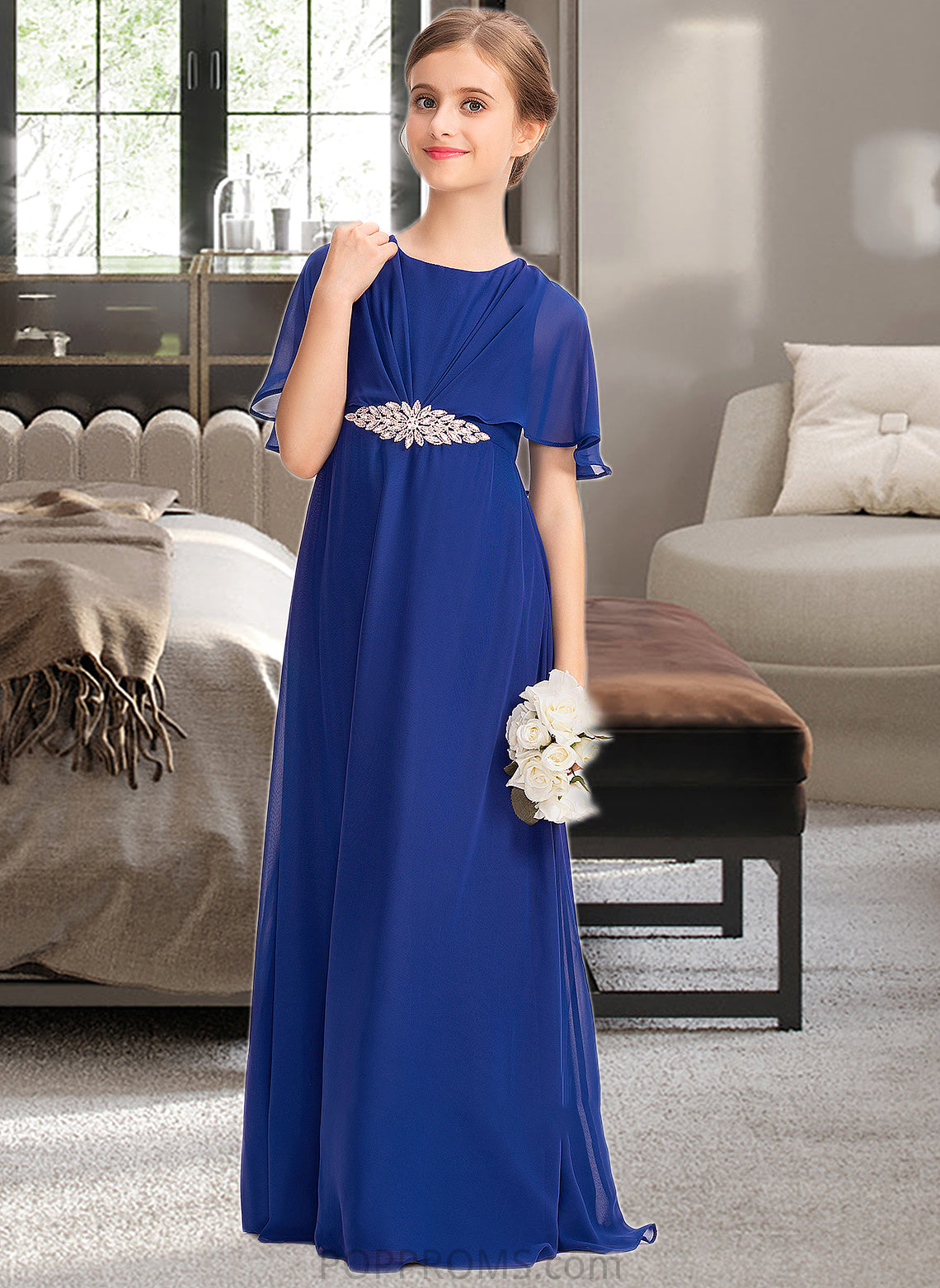 Sherlyn A-Line Scoop Neck Floor-Length Chiffon Junior Bridesmaid Dress With Ruffle Beading PP6P0013560