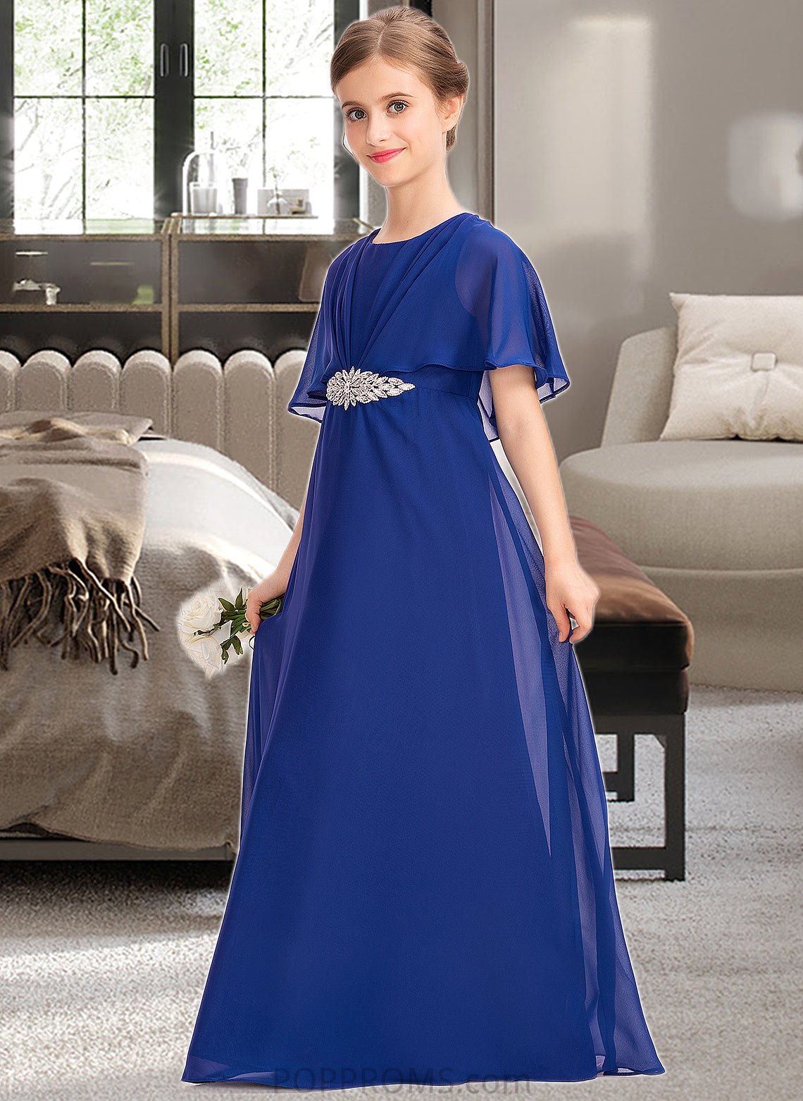 Sherlyn A-Line Scoop Neck Floor-Length Chiffon Junior Bridesmaid Dress With Ruffle Beading PP6P0013560