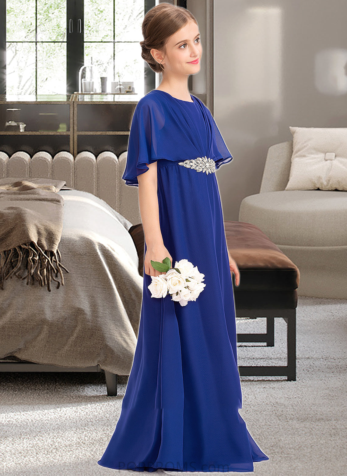 Sherlyn A-Line Scoop Neck Floor-Length Chiffon Junior Bridesmaid Dress With Ruffle Beading PP6P0013560