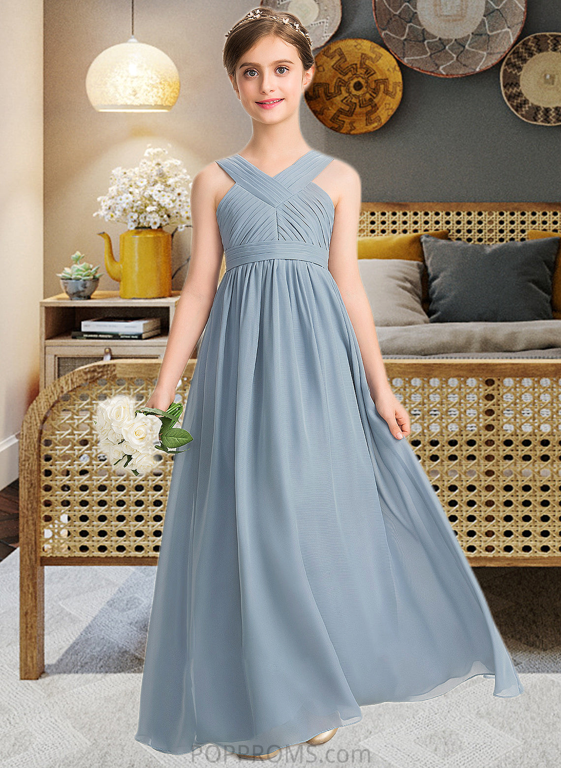 Yadira A-Line V-neck Floor-Length Chiffon Junior Bridesmaid Dress With Ruffle PP6P0013561