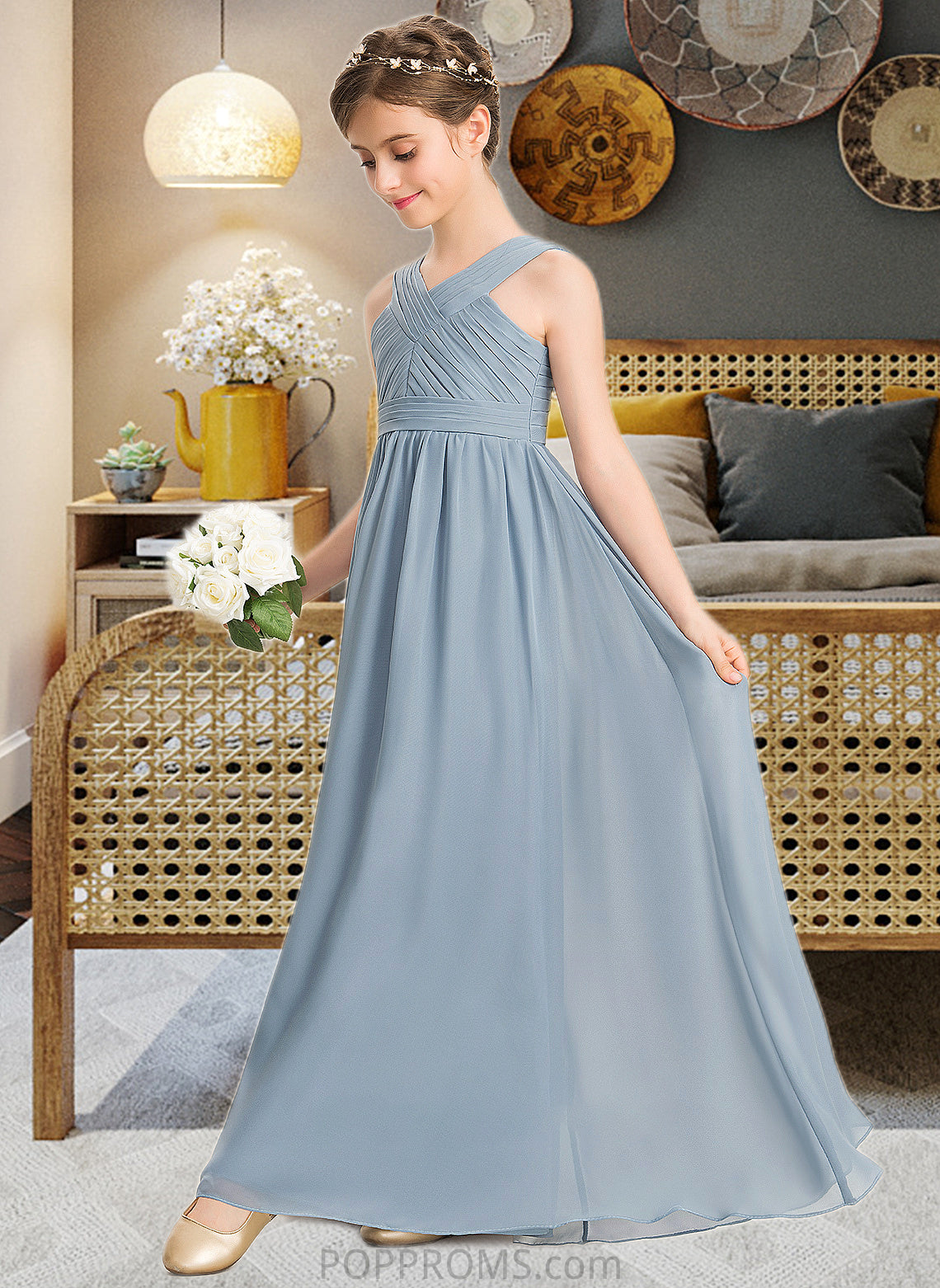 Yadira A-Line V-neck Floor-Length Chiffon Junior Bridesmaid Dress With Ruffle PP6P0013561