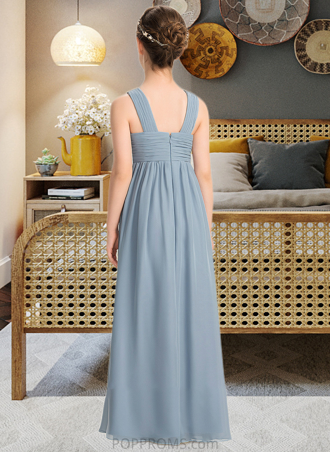 Yadira A-Line V-neck Floor-Length Chiffon Junior Bridesmaid Dress With Ruffle PP6P0013561