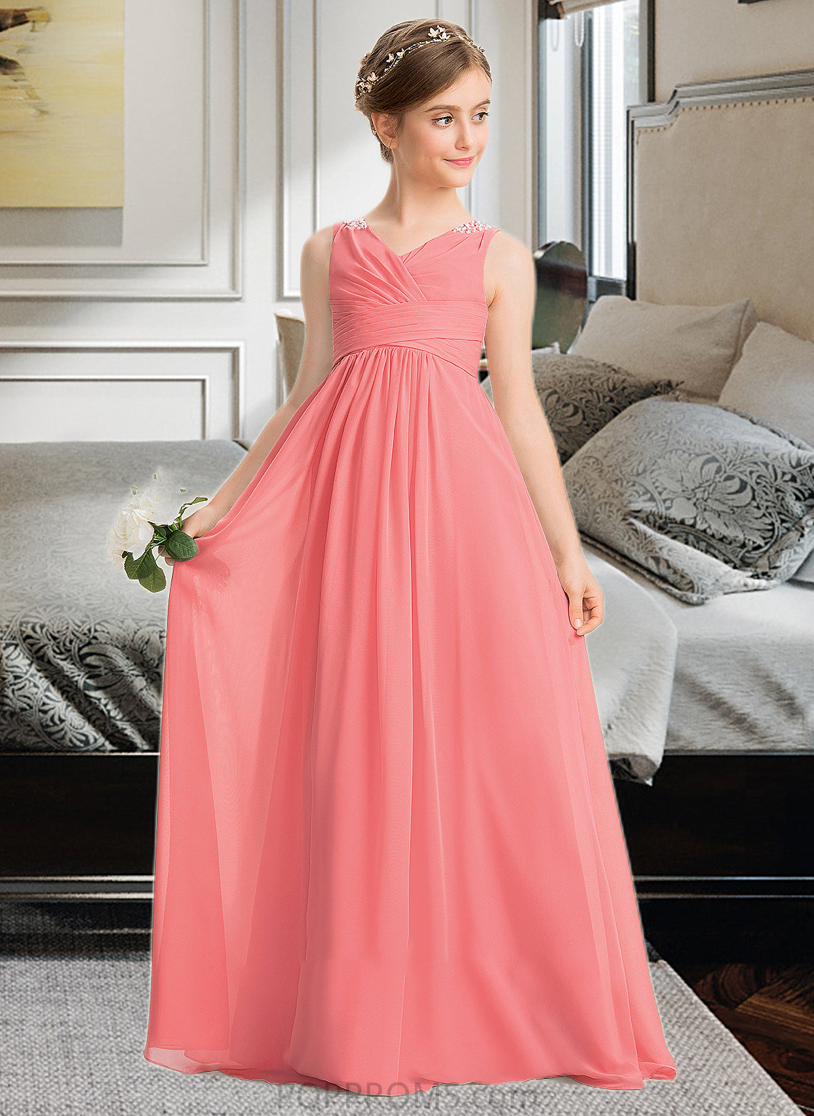 Tessa EmpireV-neckFloor-LengthChiffonJuniorBridesmaidDressWithRuffleBeadingSequins#173291 PP6P0013562