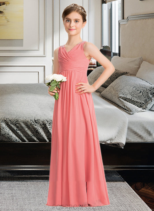 Tessa EmpireV-neckFloor-LengthChiffonJuniorBridesmaidDressWithRuffleBeadingSequins#173291 PP6P0013562