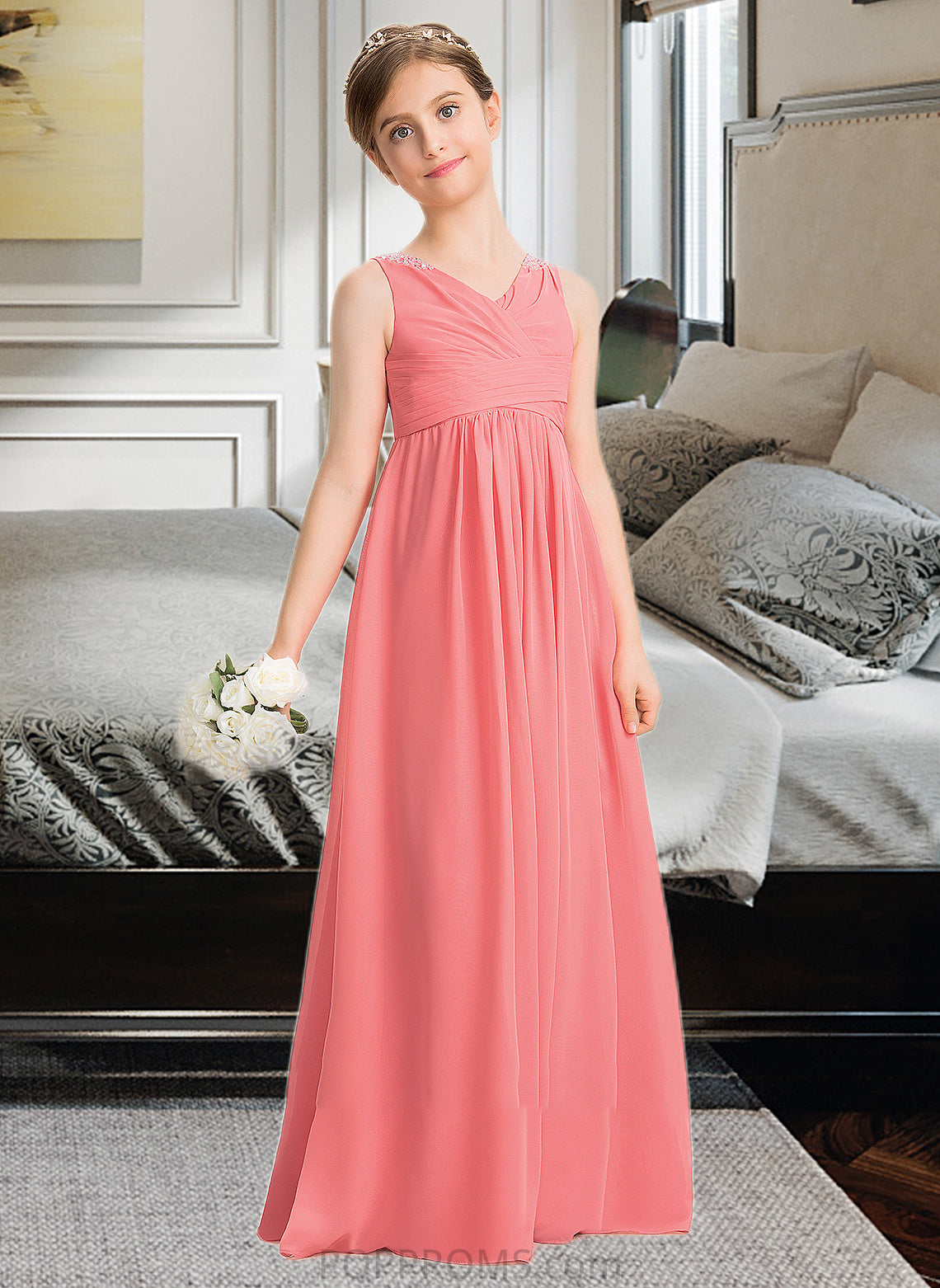 Tessa EmpireV-neckFloor-LengthChiffonJuniorBridesmaidDressWithRuffleBeadingSequins#173291 PP6P0013562