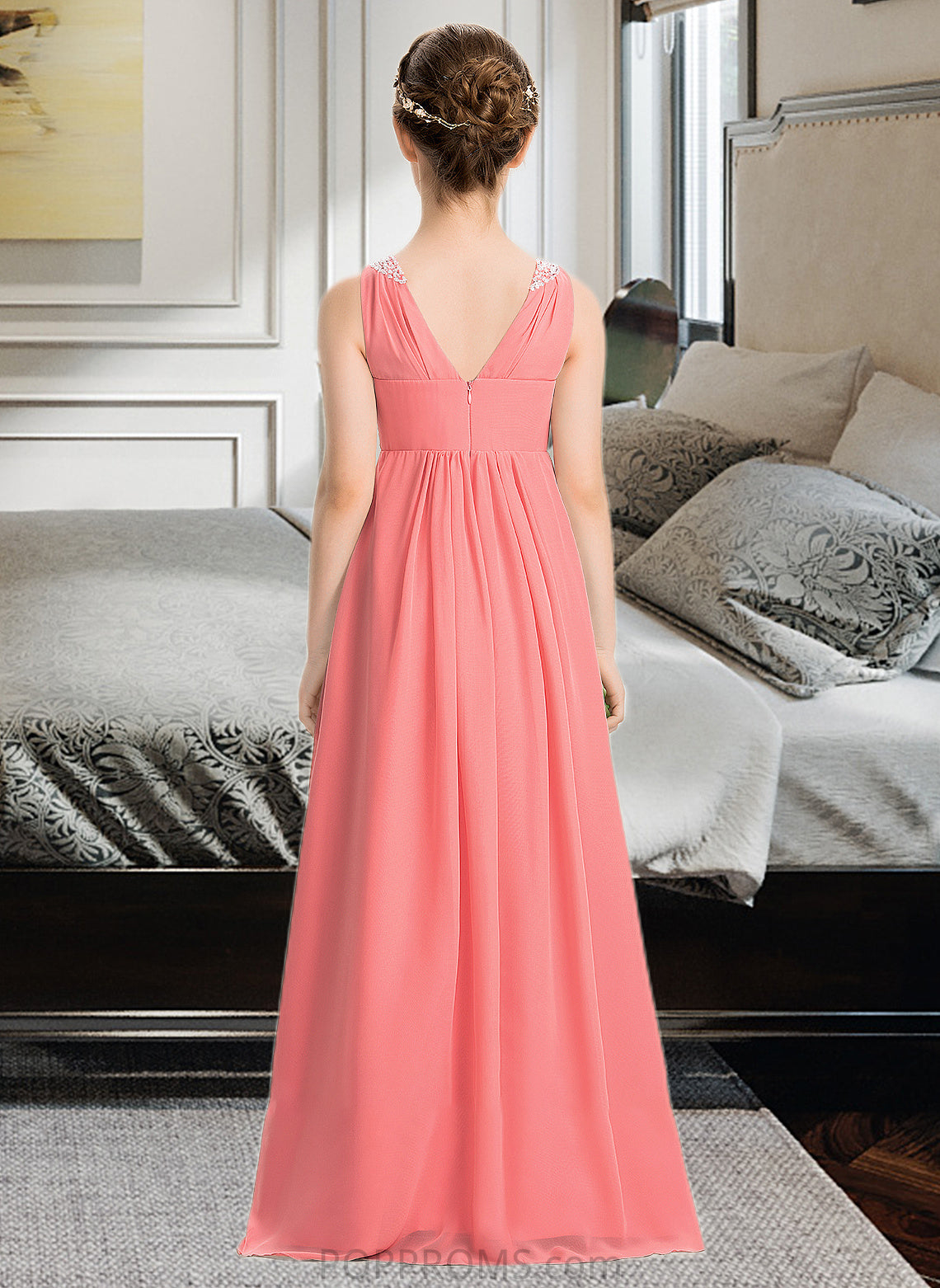 Tessa EmpireV-neckFloor-LengthChiffonJuniorBridesmaidDressWithRuffleBeadingSequins#173291 PP6P0013562