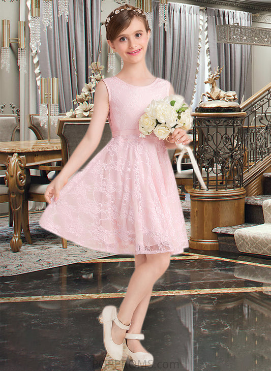 Kailee A-Line Scoop Neck Knee-Length Lace Junior Bridesmaid Dress With Sash Bow(s) PP6P0013563