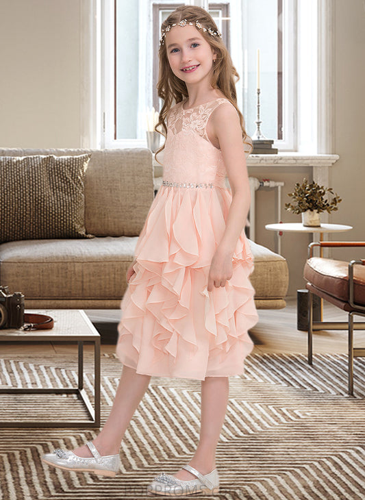 Emily A-Line Scoop Neck Knee-Length Chiffon Junior Bridesmaid Dress With Beading Sequins Cascading Ruffles PP6P0013565