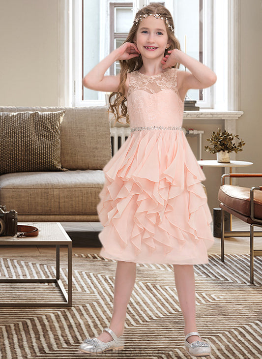 Emily A-Line Scoop Neck Knee-Length Chiffon Junior Bridesmaid Dress With Beading Sequins Cascading Ruffles PP6P0013565